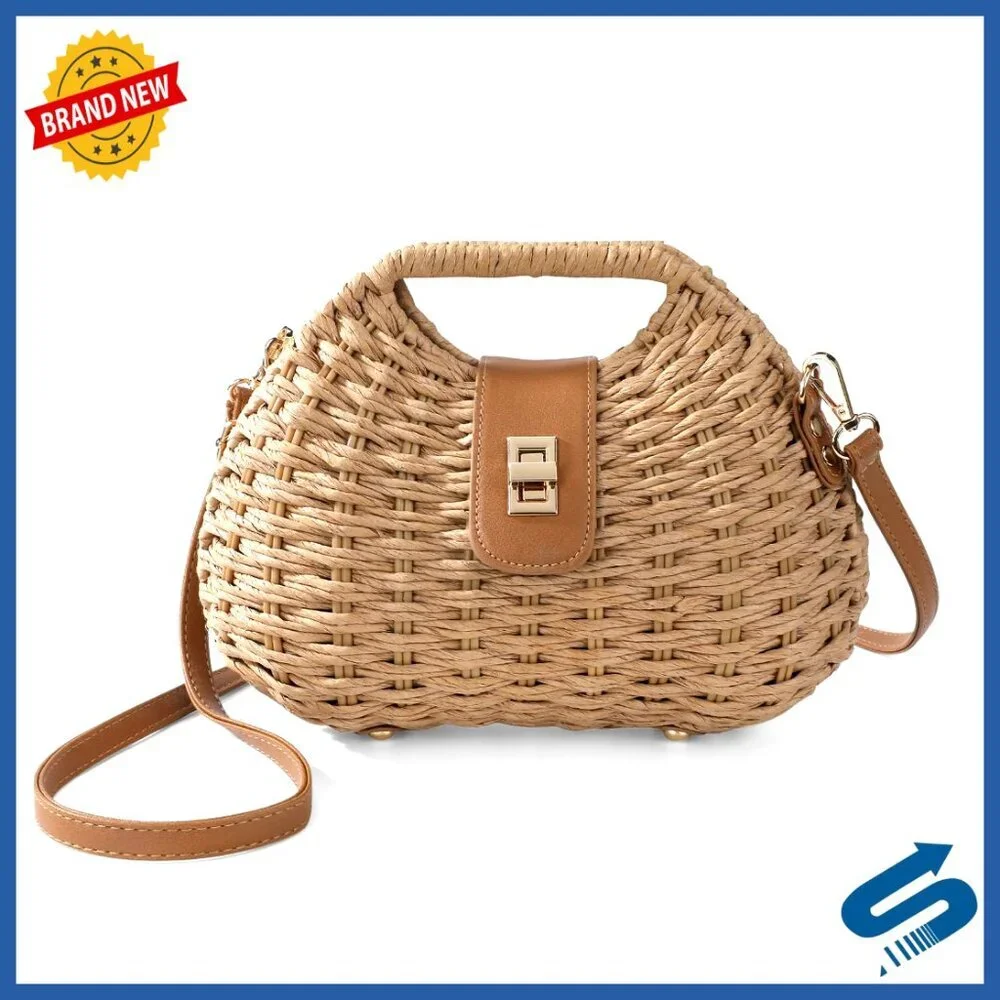 Boho Straw Crossbody Bag Adjustable Strap Handwoven Summer Beach Purse